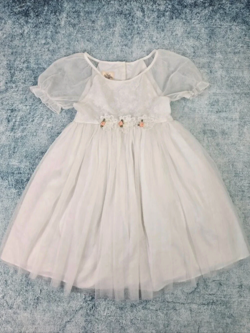 Laura Ashley London White Layered Tulle Short Puff Sleeve Dress Girls Size 6